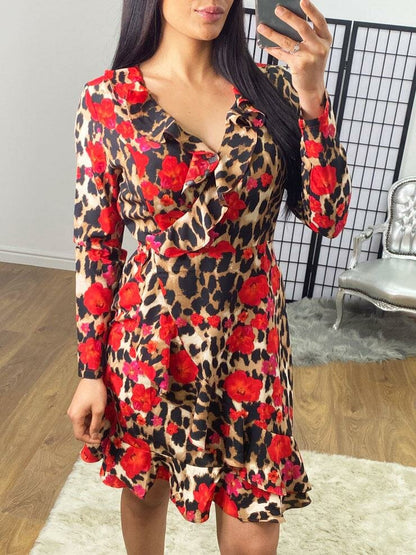 Kermia Leopard Flower Ruffle Wrap Dress