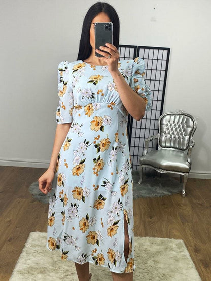 Inez Baby Blue Floral Frill Sleeve Midi Dress