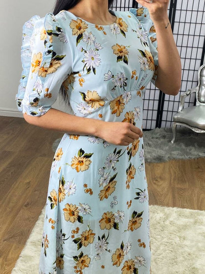 Inez Baby Blue Floral Frill Sleeve Midi Dress