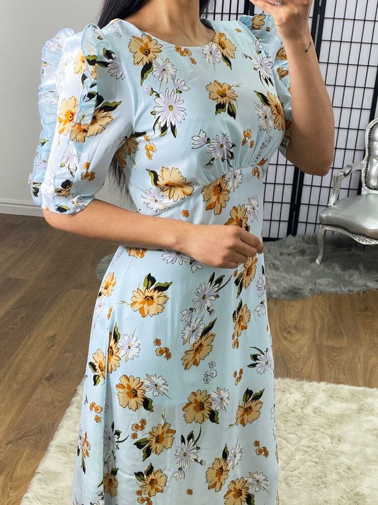 Inez Baby Blue Floral Frill Sleeve Midi Dress