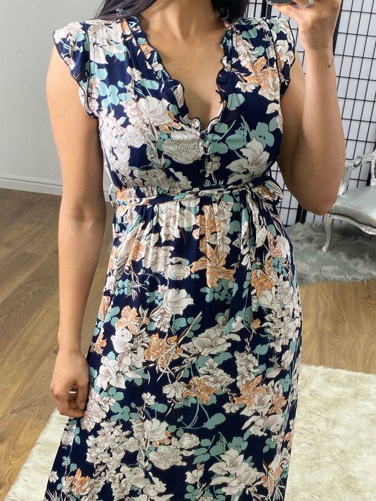 Bronta Floral Print Frill Sleeve Button Tie Waist Summer Dress