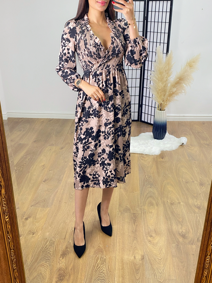 Kelis Taupe Leaf Print Shirred Dress