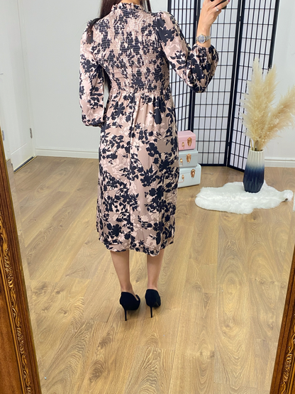 Kelis Taupe Leaf Print Shirred Dress