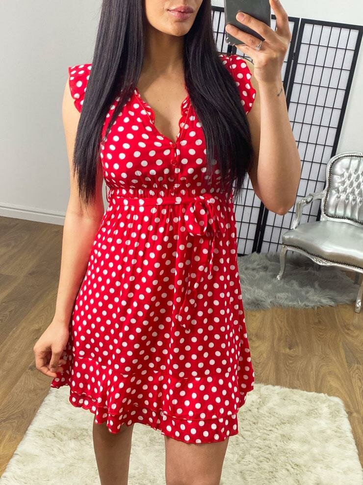 Ascot Red Polka Dot Frill Sleeve Tie Waist Dress