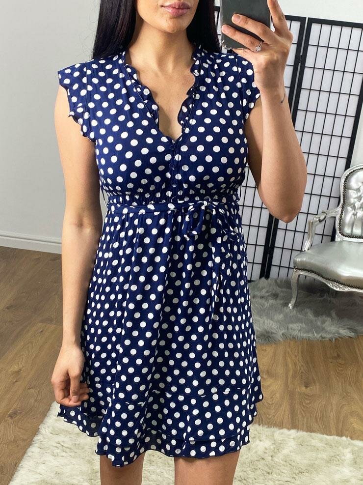 Ascot Navy Polka Dot Frill Sleeve Tie Waist Dress