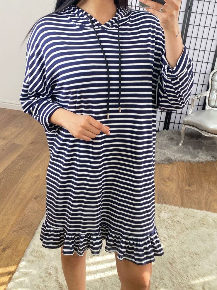 Magdalena Striped Oversized Frill Hem Hooded Sweatshirt