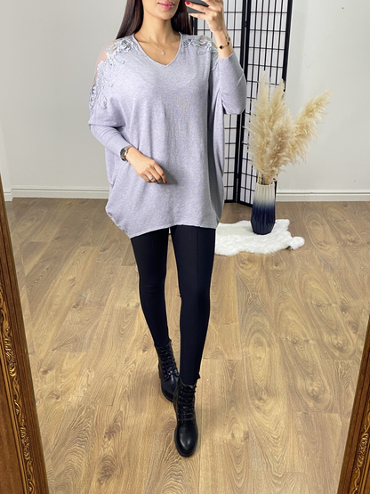 Enzo Sheer Appliqué Shoulder Knit Top