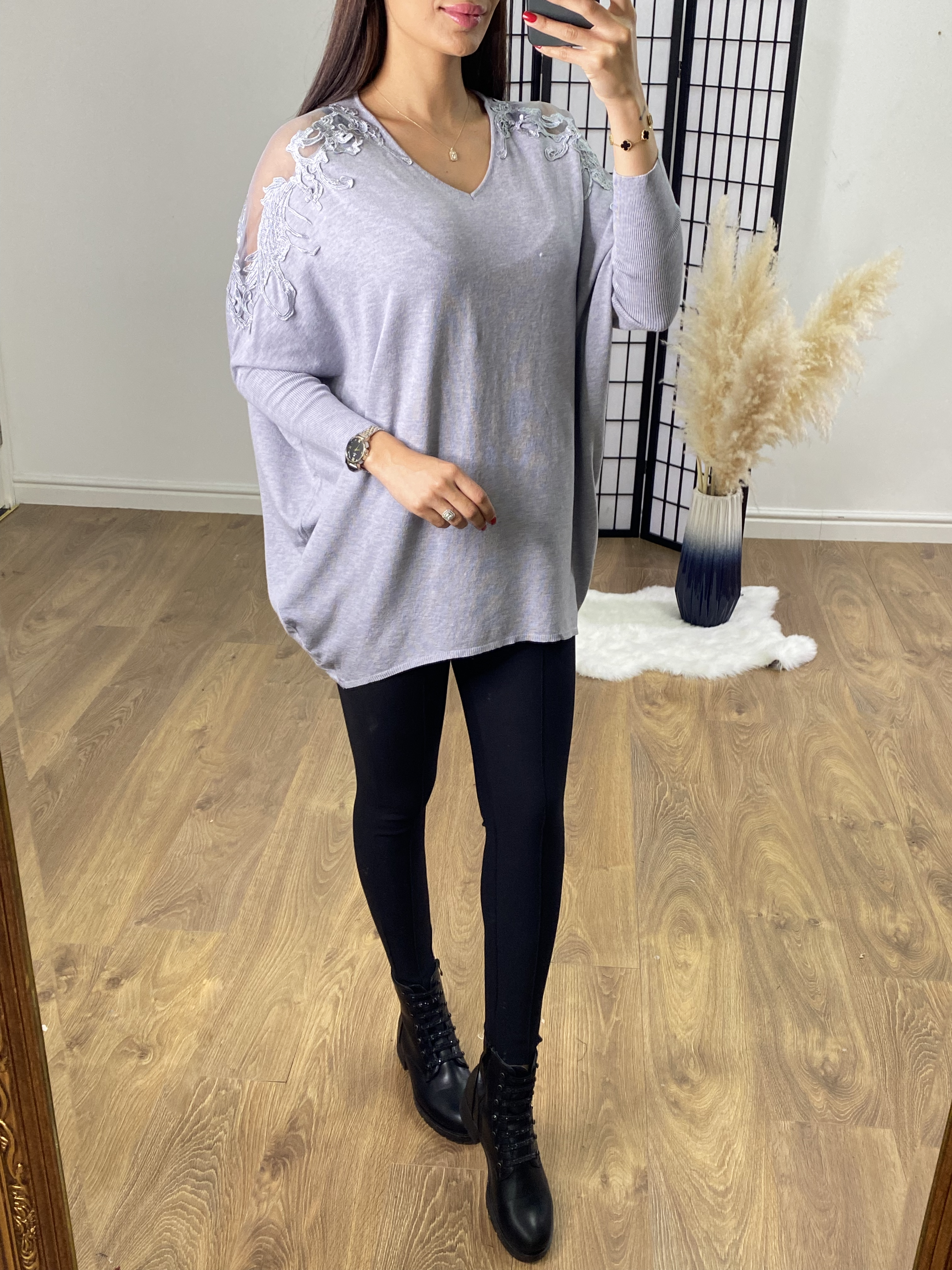 Enzo Sheer Appliqué Shoulder Knit Top