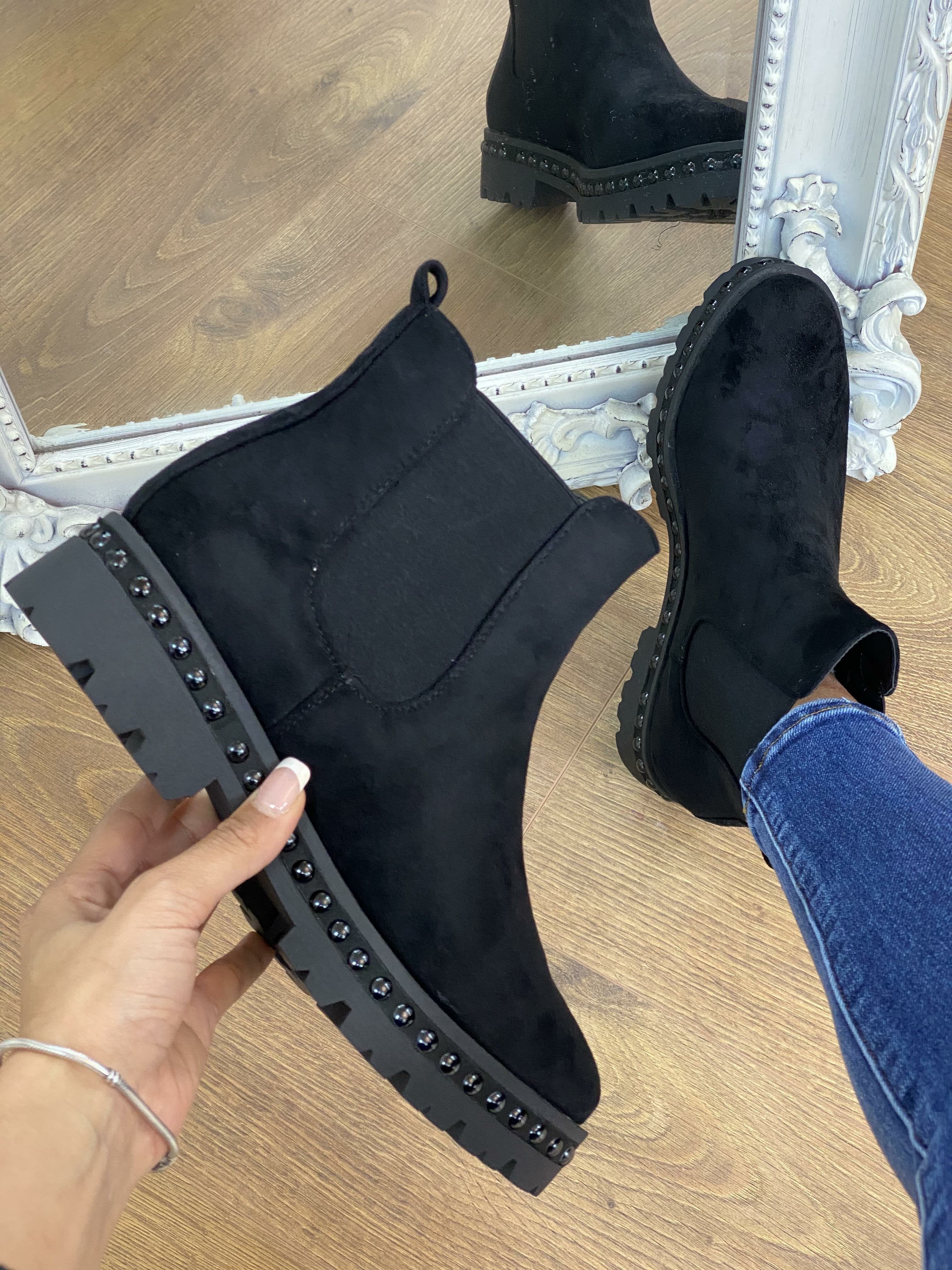 Marshal Black Faux Suede Studded Chunky Ankle Boots