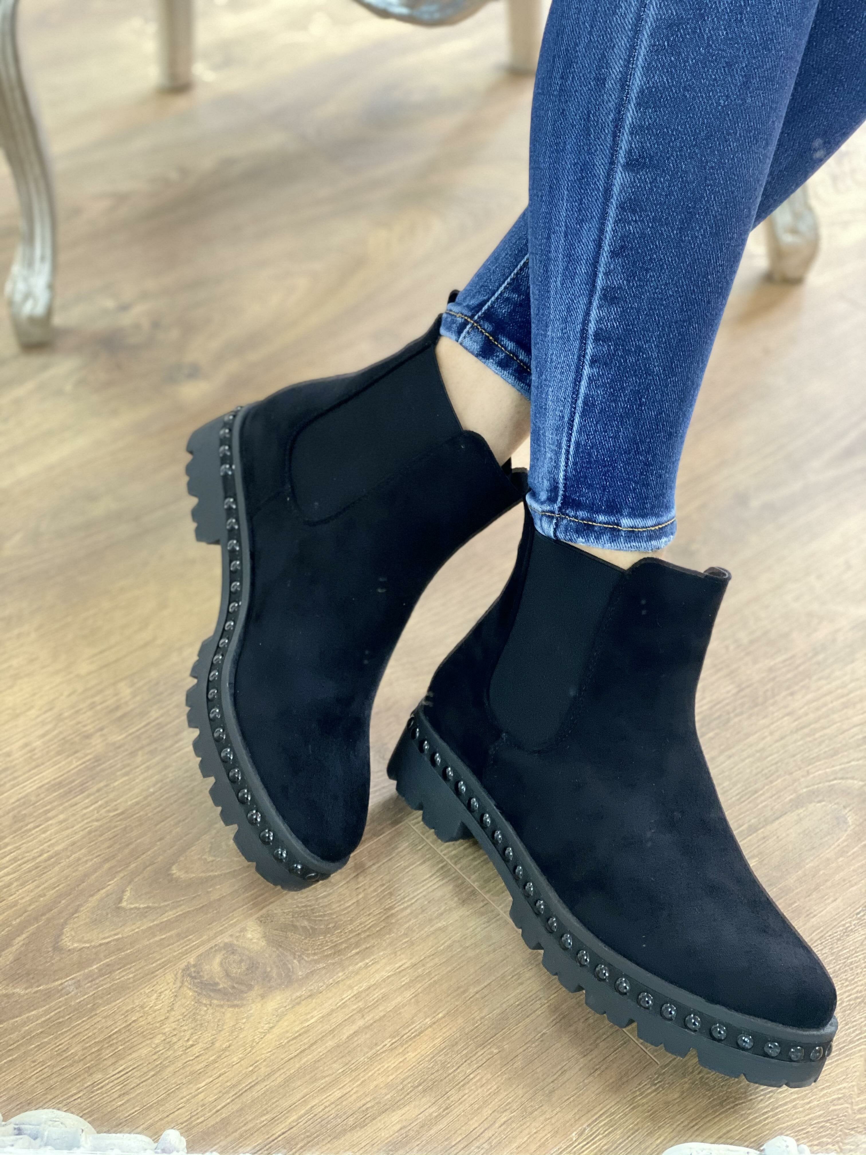 Marshal Black Faux Suede Studded Chunky Ankle Boots
