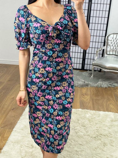 Briggs Floral Bow Tie Puff Sleeve Swing Dress