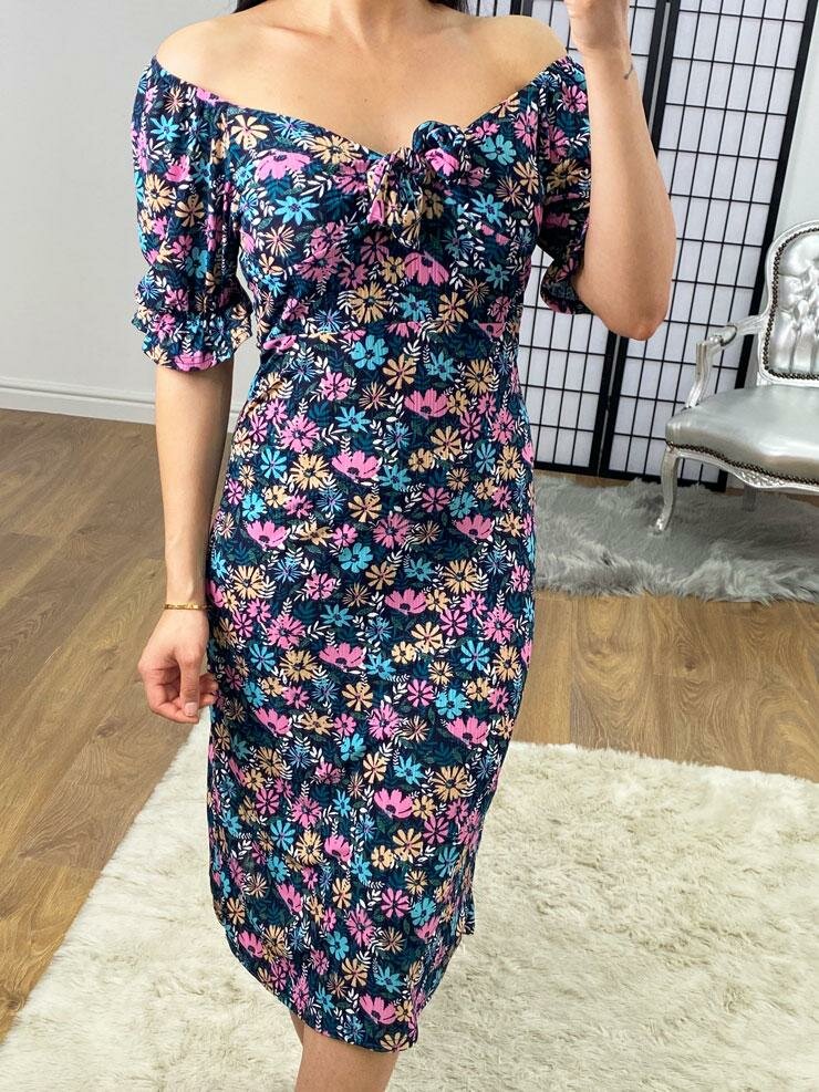 Briggs Floral Bow Tie Puff Sleeve Swing Dress