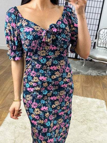 Briggs Floral Bow Tie Puff Sleeve Swing Dress