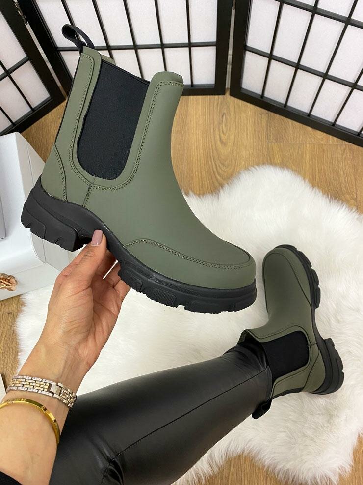 Yulianna Khaki Rubber Chunky Ankle Boots