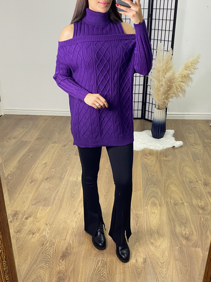 Dilara Cold Shoulder Roll Neck Cable Knit Jumper