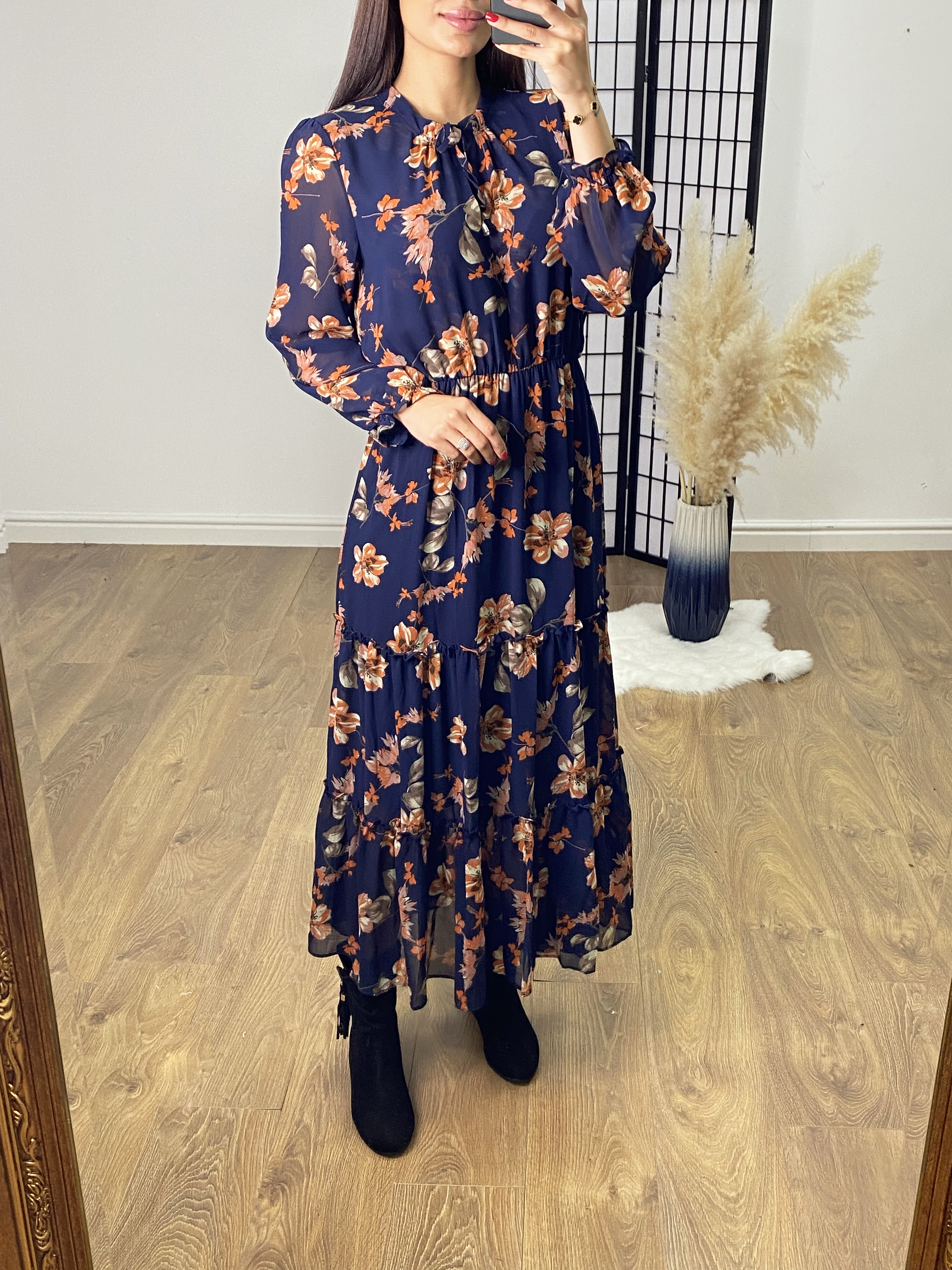 Gavriel Pussy Bow Neck Tiered Maxi Dress