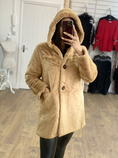 Amilie Faux Fur Hooded Button Detail Oversized Coat