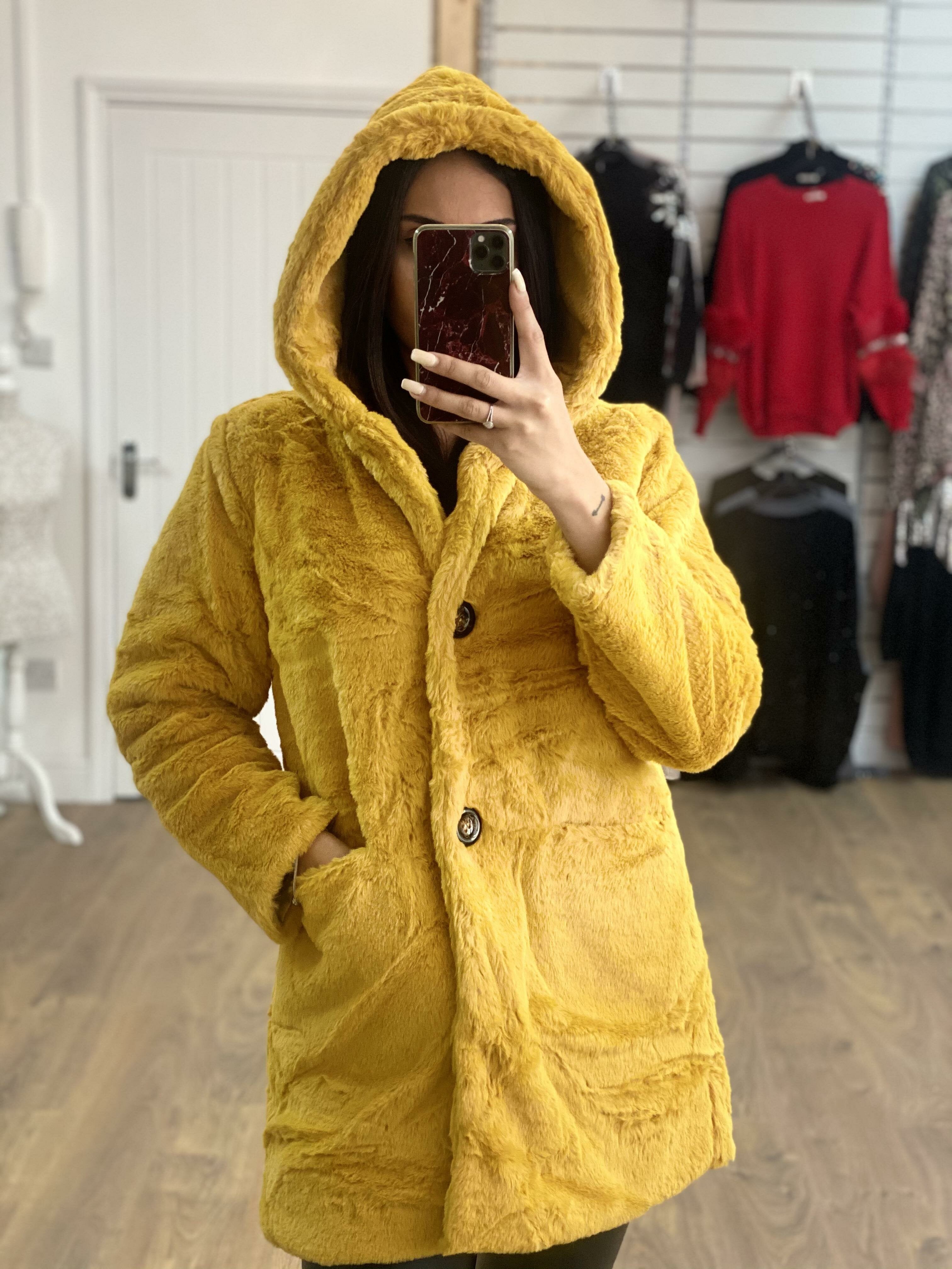 Amilie Faux Fur Hooded Button Detail Oversized Coat