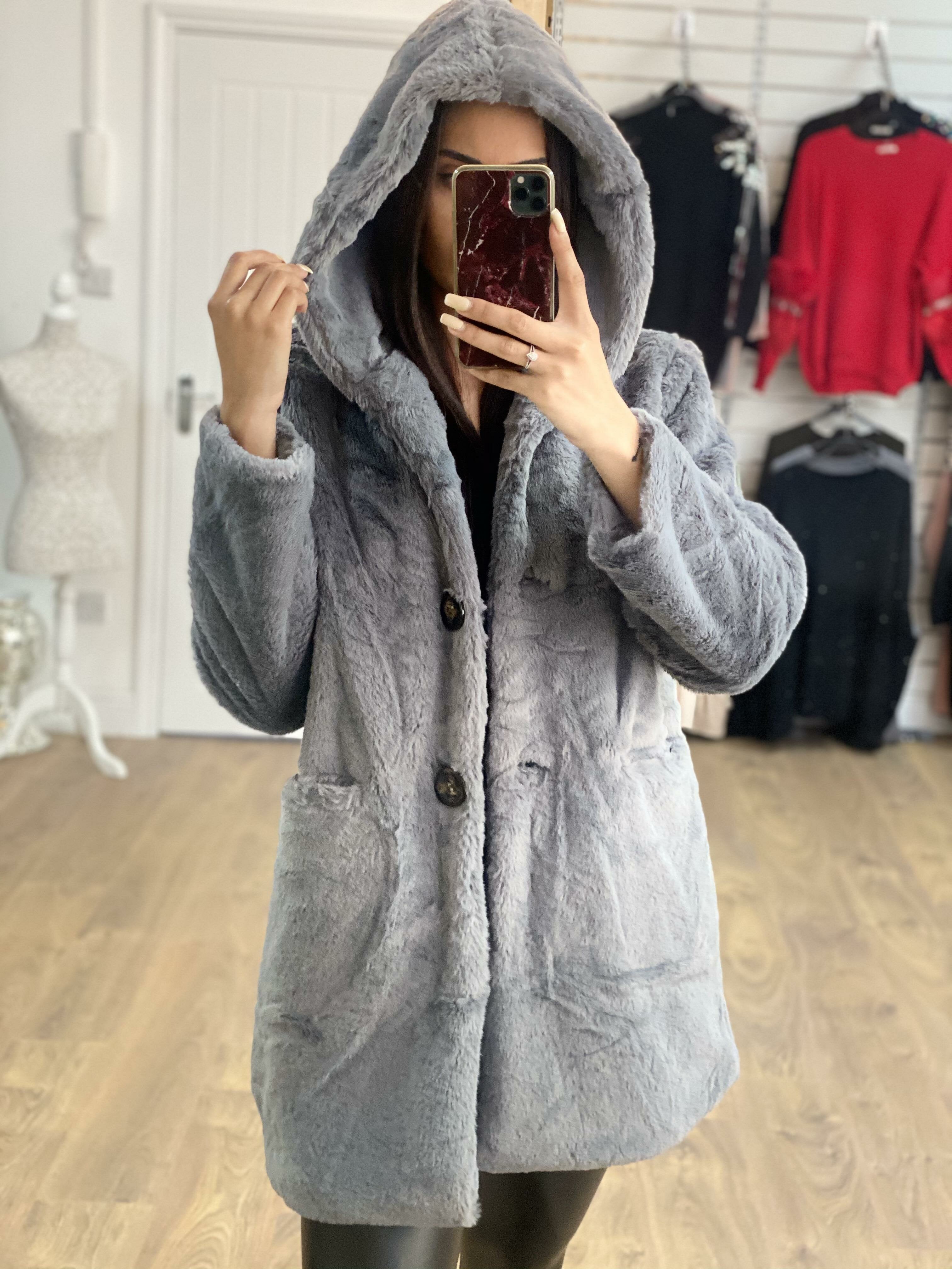 Amilie Faux Fur Hooded Button Detail Oversized Coat