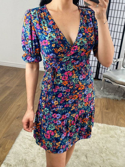 Acadia Navy Floral Wrap Puff Sleeve Summer Dress