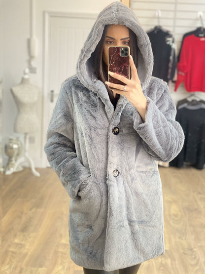 Amilie Faux Fur Hooded Button Detail Oversized Coat