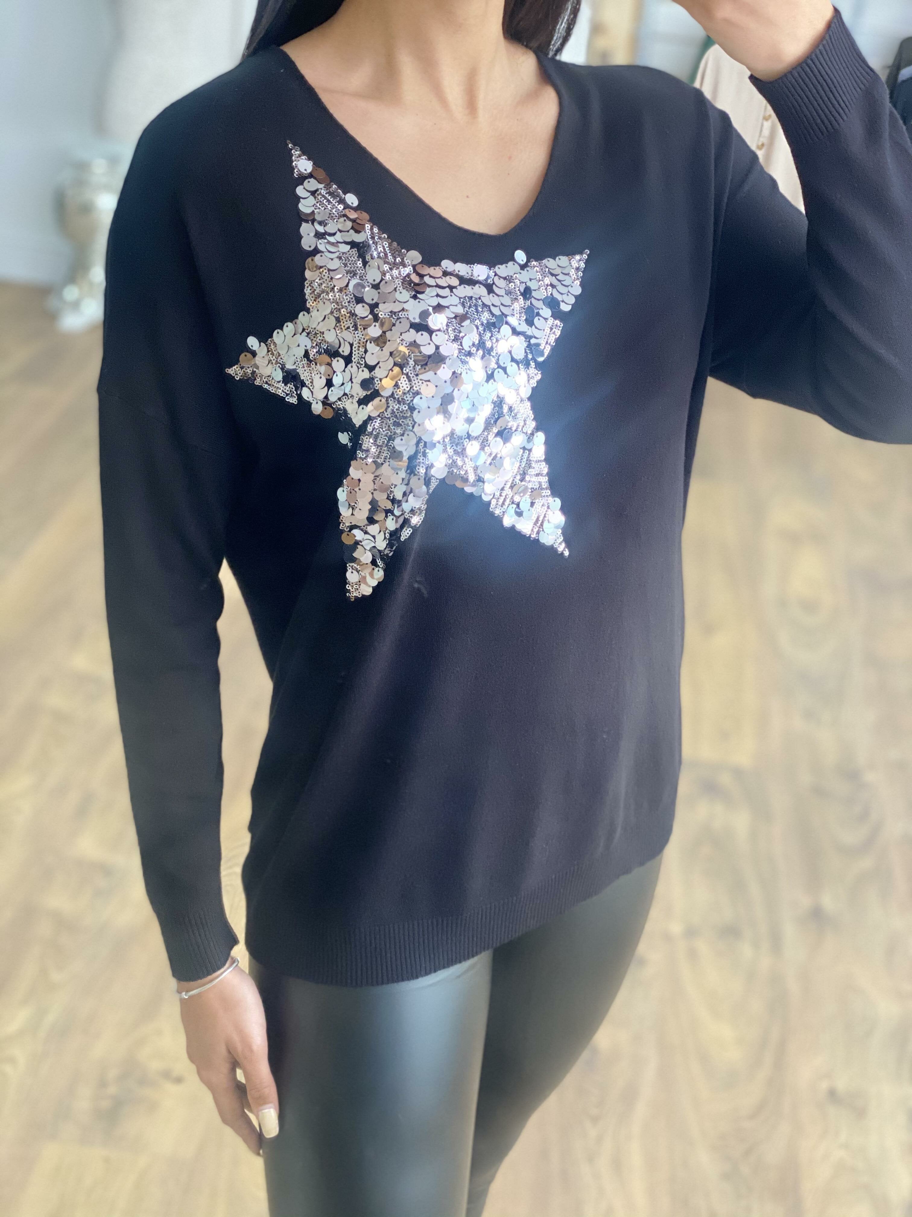 Annalise Sequin Star Detailed Thin Knit Jumper