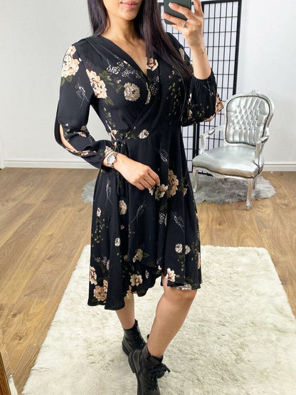 Zarissa Floral Print Frill Dipped Hem Wrap Tie Dress