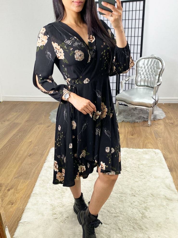 Zarissa Floral Print Frill Dipped Hem Wrap Tie Dress