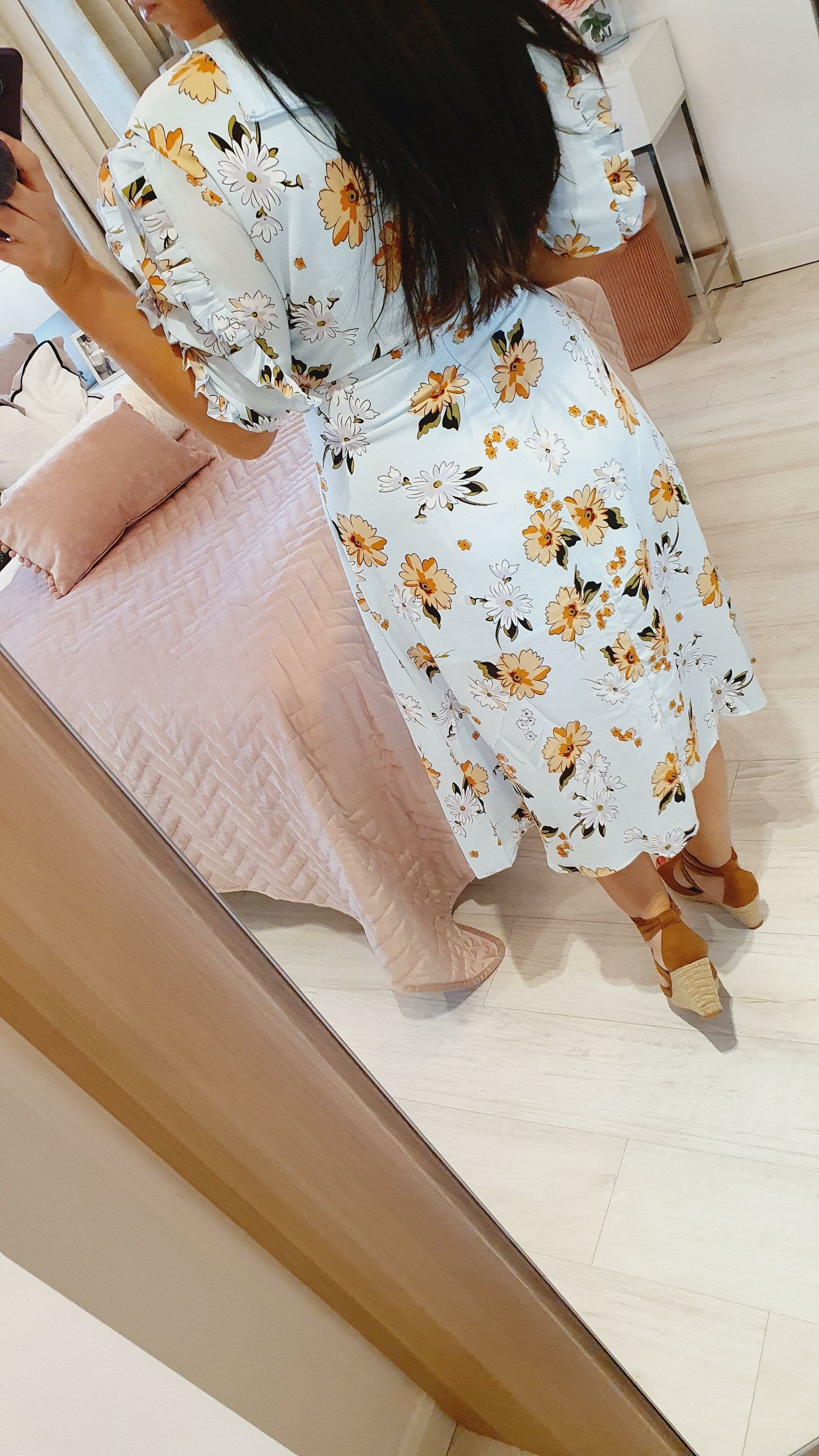 Inez Baby Blue Floral Frill Sleeve Midi Dress