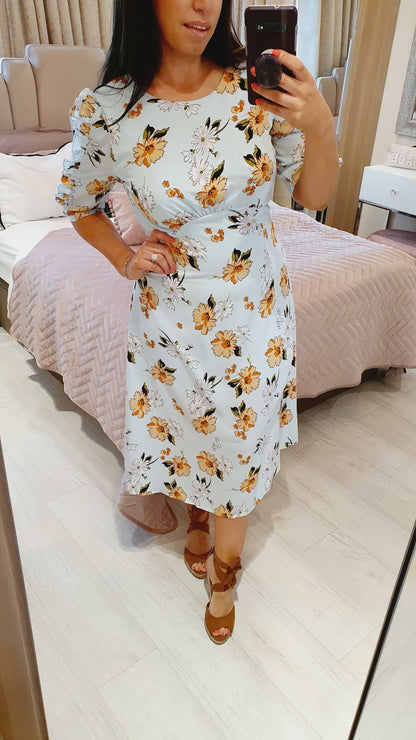 Inez Baby Blue Floral Frill Sleeve Midi Dress