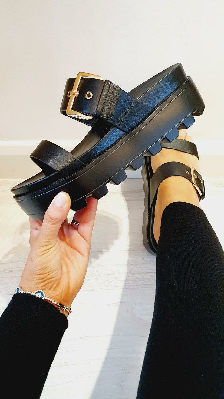 Isla Black Chunky Strappy Buckle Detailed Gladiator Sliders