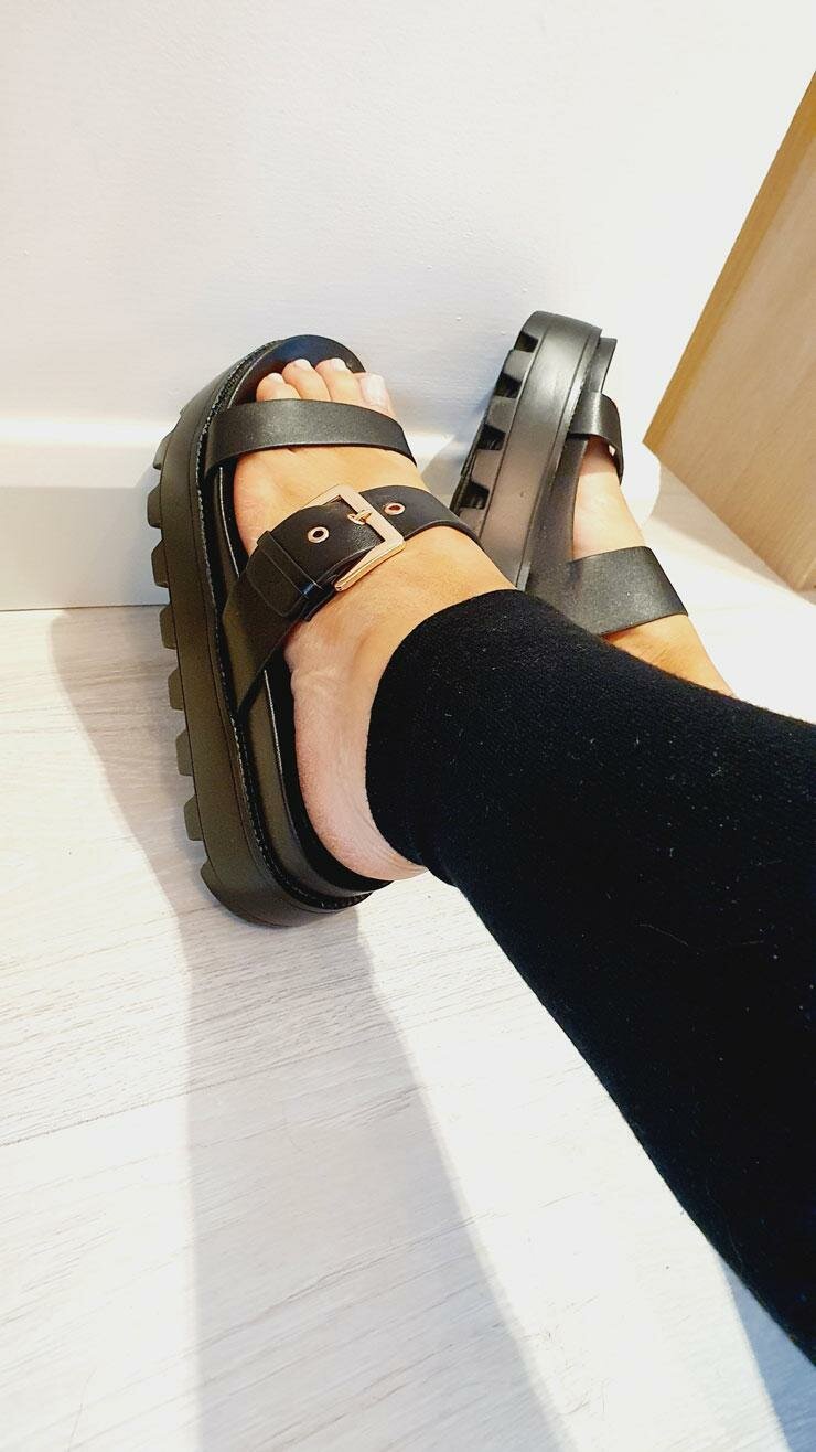 Isla Black Chunky Strappy Buckle Detailed Gladiator Sliders