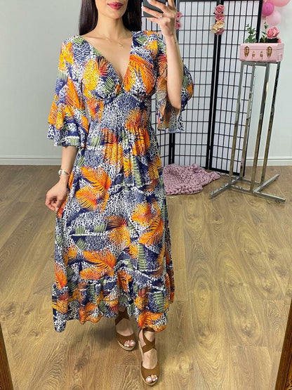 Jacinda Palm Print Ruffle Hem Maxi Dress