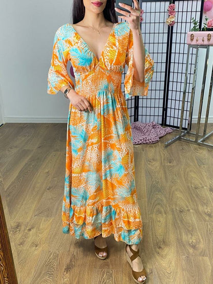 Jacinda Palm Print Ruffle Hem Maxi Dress