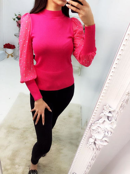 Jarna Studded Chiffon Sleeve Knitted Jumper