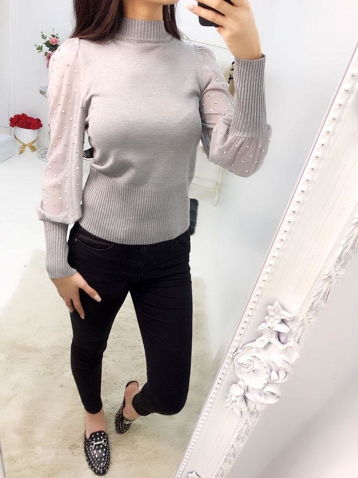 Jarna Studded Chiffon Sleeve Knitted Jumper
