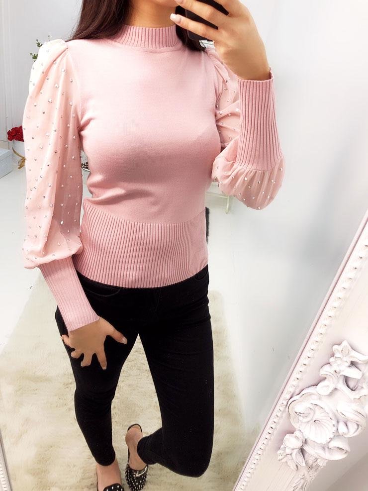 Jarna Studded Chiffon Sleeve Knitted Jumper