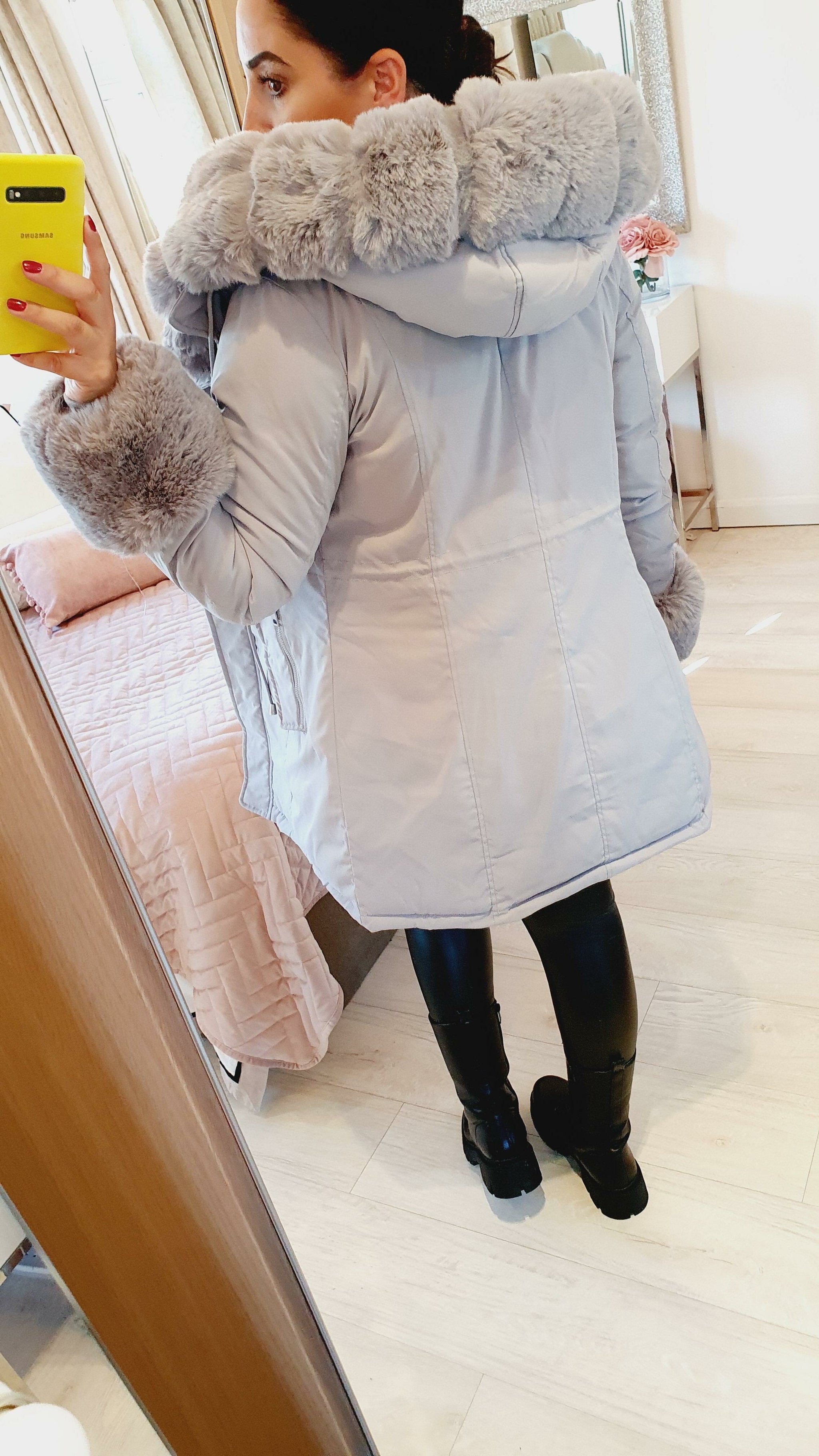 Jaya Grey Faux Fur Hooded Toggle Coat