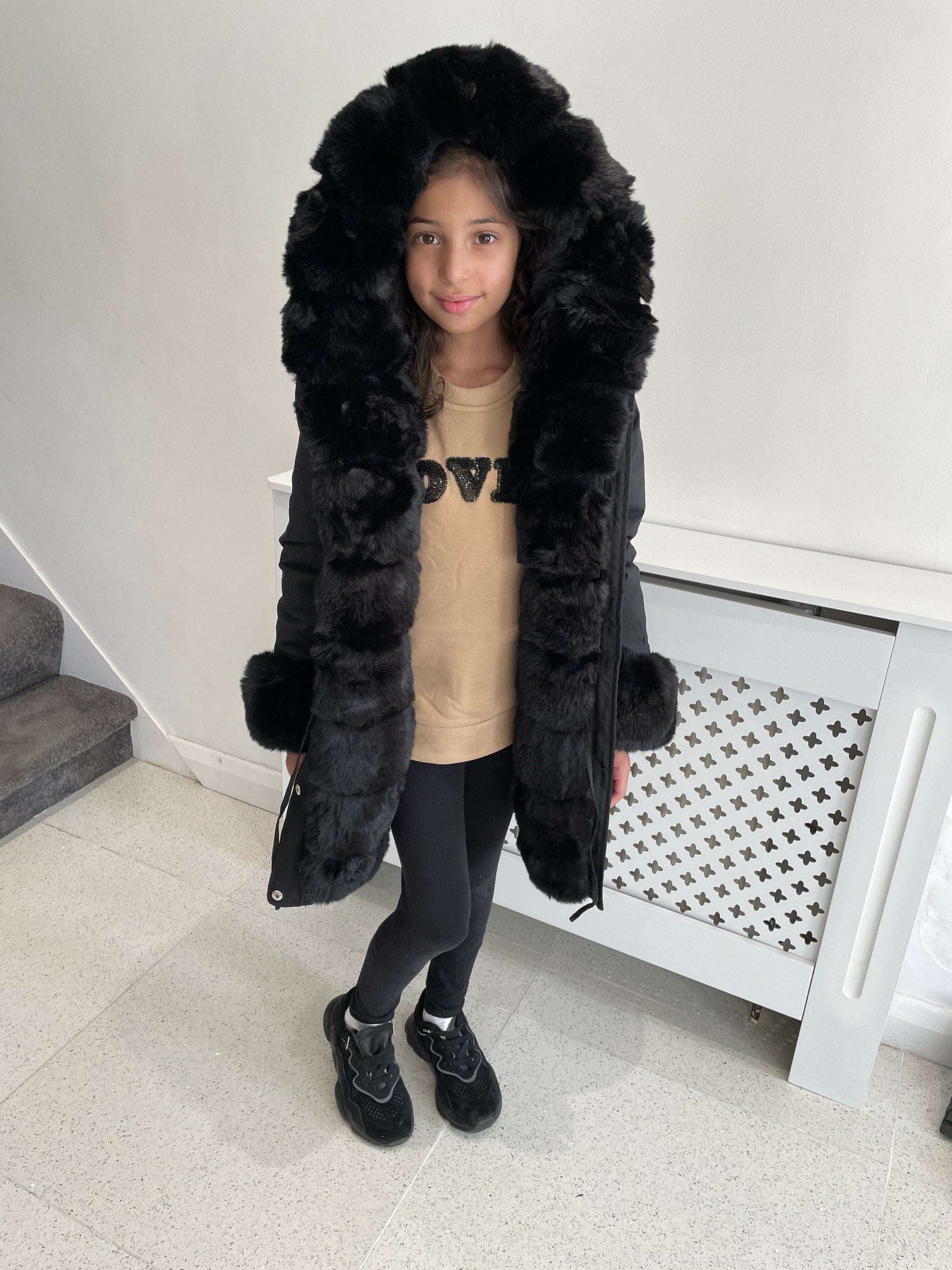 Jaya Black KIDS Faux Fur Hooded Toggle Coat BowsBoutiques