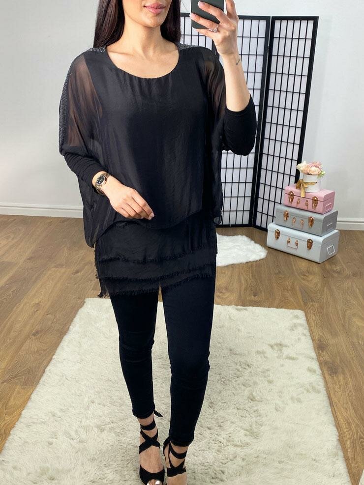 Jemma Sequin Panel Shoulder Asymmetric Tiered Hem Silk Blouse