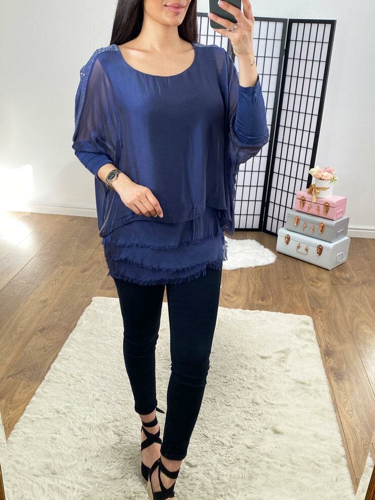 Jemma Sequin Panel Shoulder Asymmetric Tiered Hem Silk Blouse