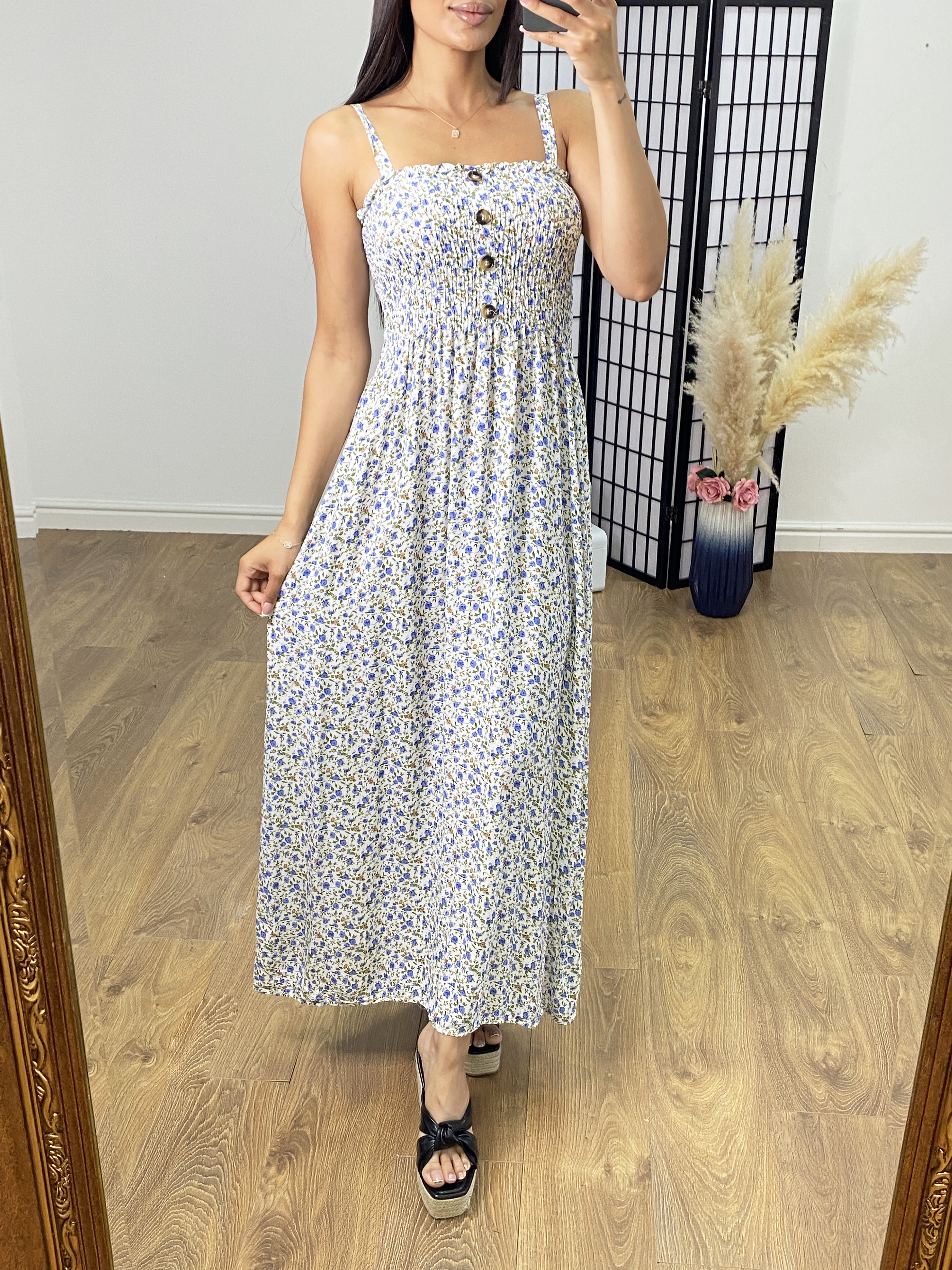 Jolie Elasticated Bust Button Detail Floral Print Dress