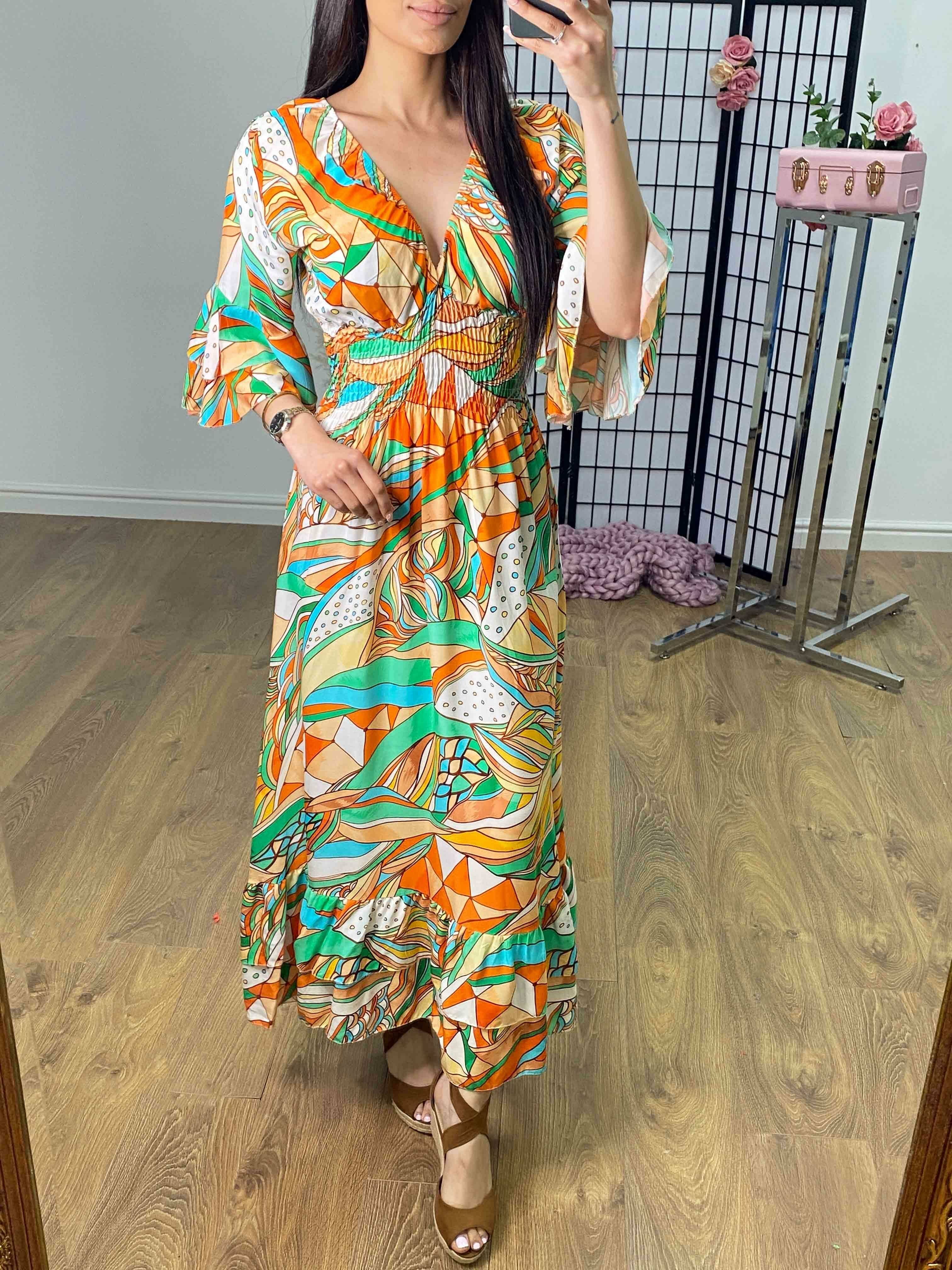 Monaco Abstract Print Ruffle Hem Maxi Dress