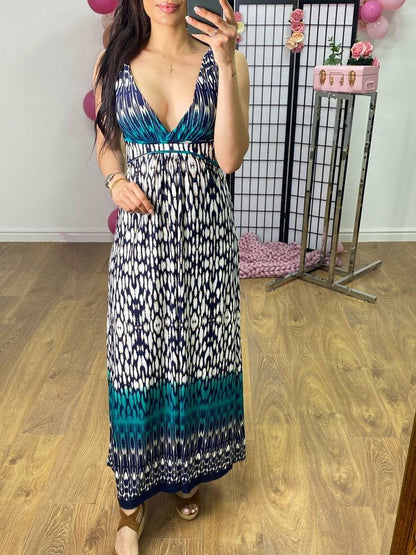 Kaggie Navy Abstract Print Grecian Maxi Dress