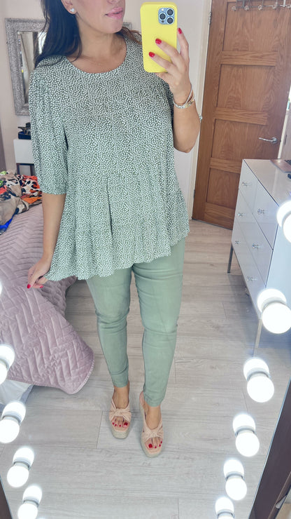 Keller Khaki Leaf Print Smock Top