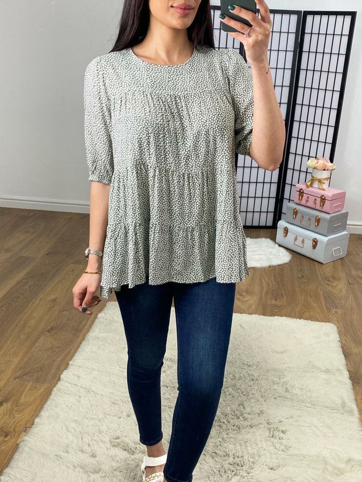 Keller Khaki Leaf Print Smock Top