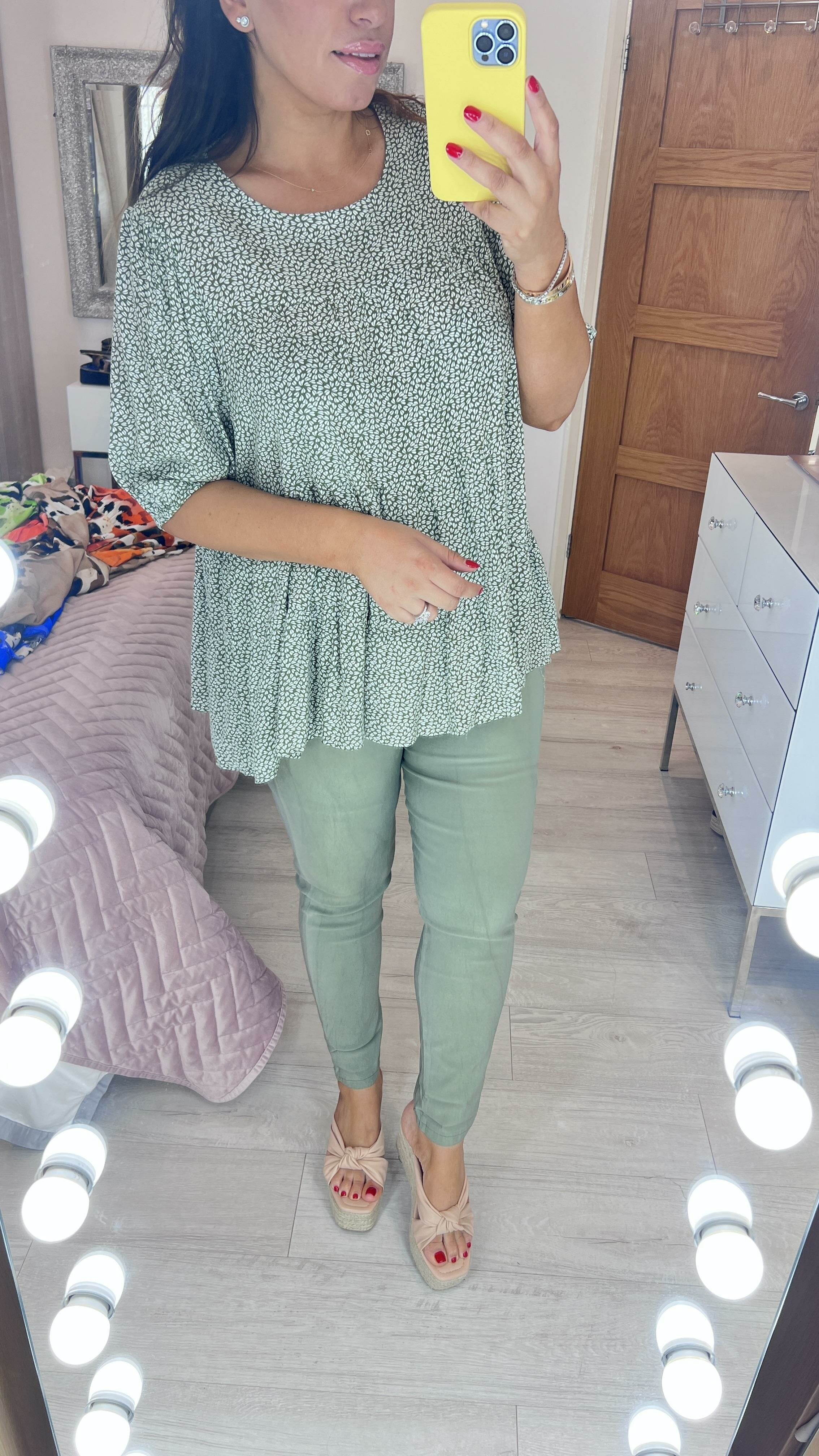 Keller Khaki Leaf Print Smock Top