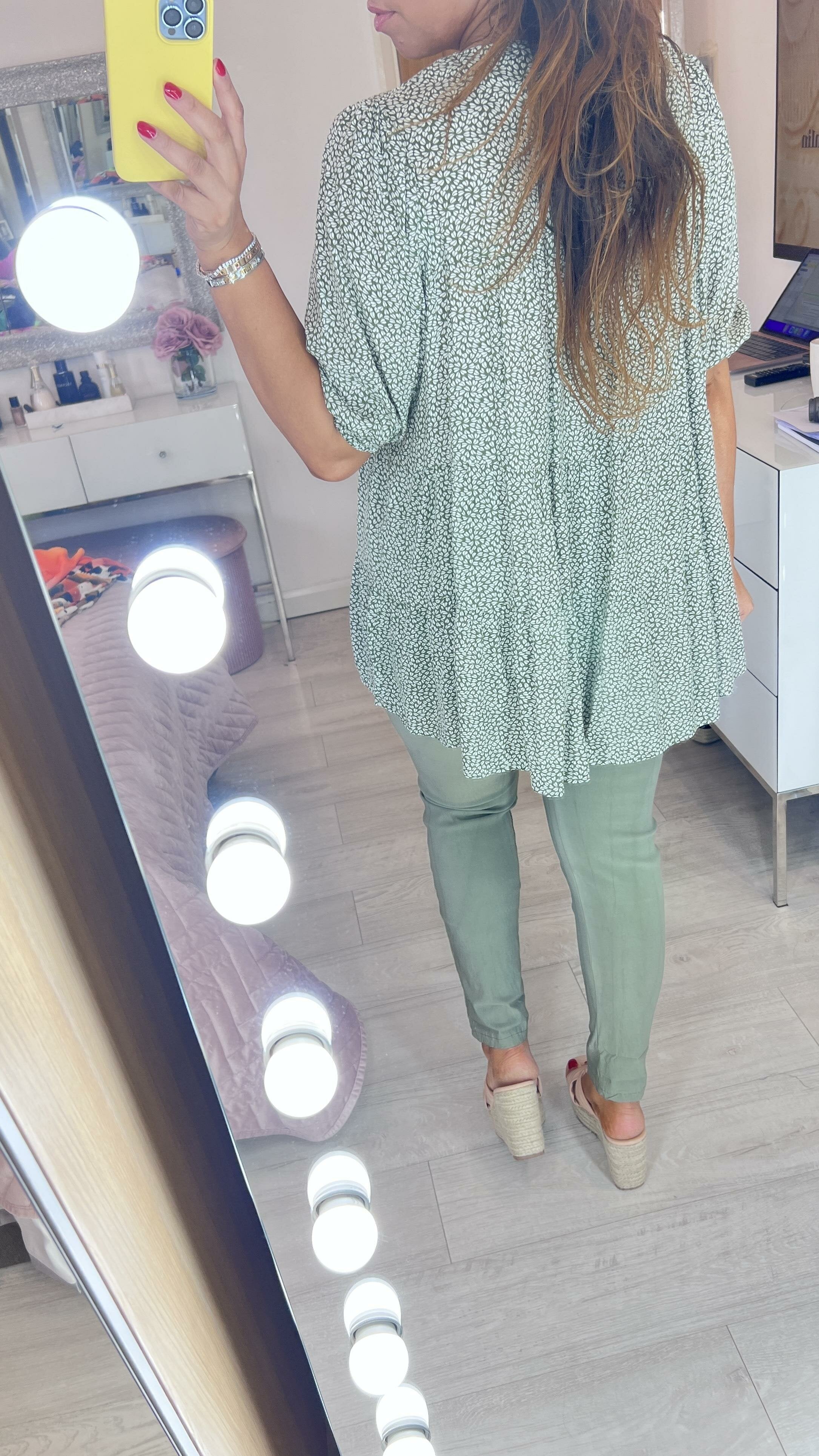 Keller Khaki Leaf Print Smock Top