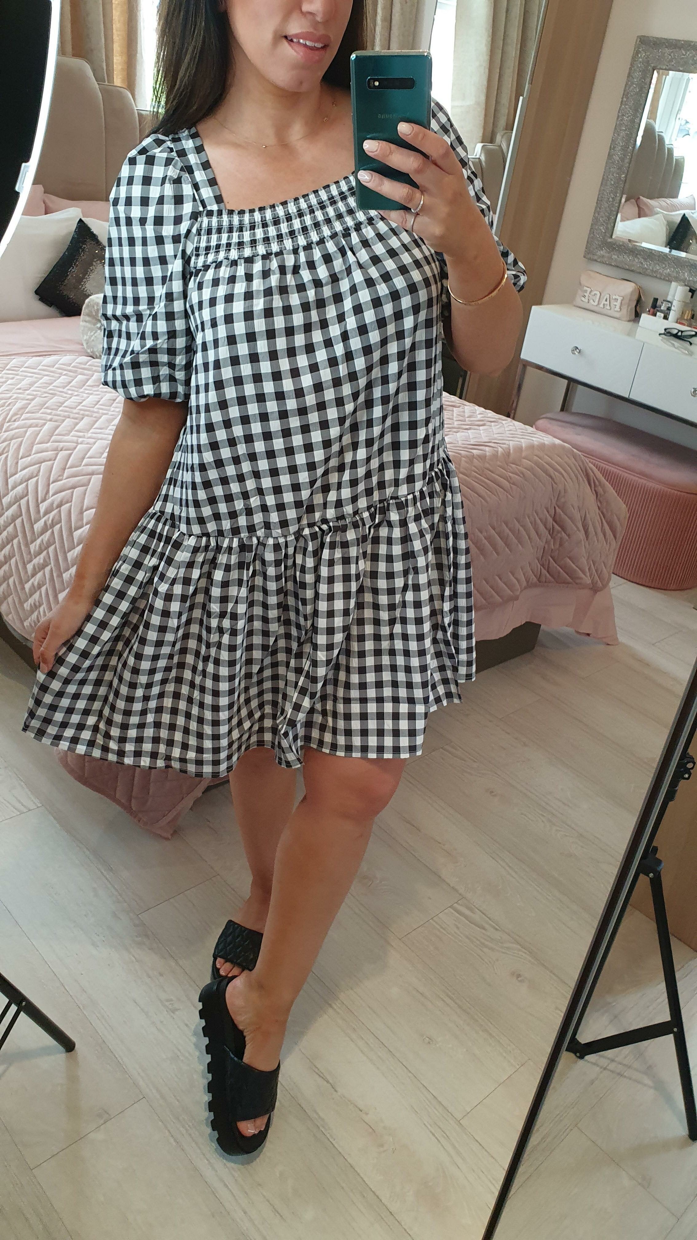 Kellis Checked Monochrome Elasticated Puff Sleeve Dress