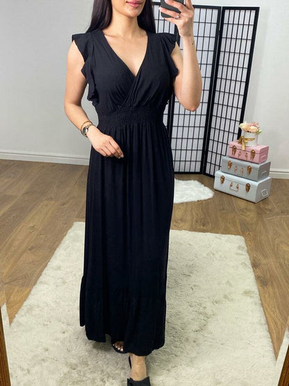 Kenzill Plain V Neck Frill Hem Maxi Dress